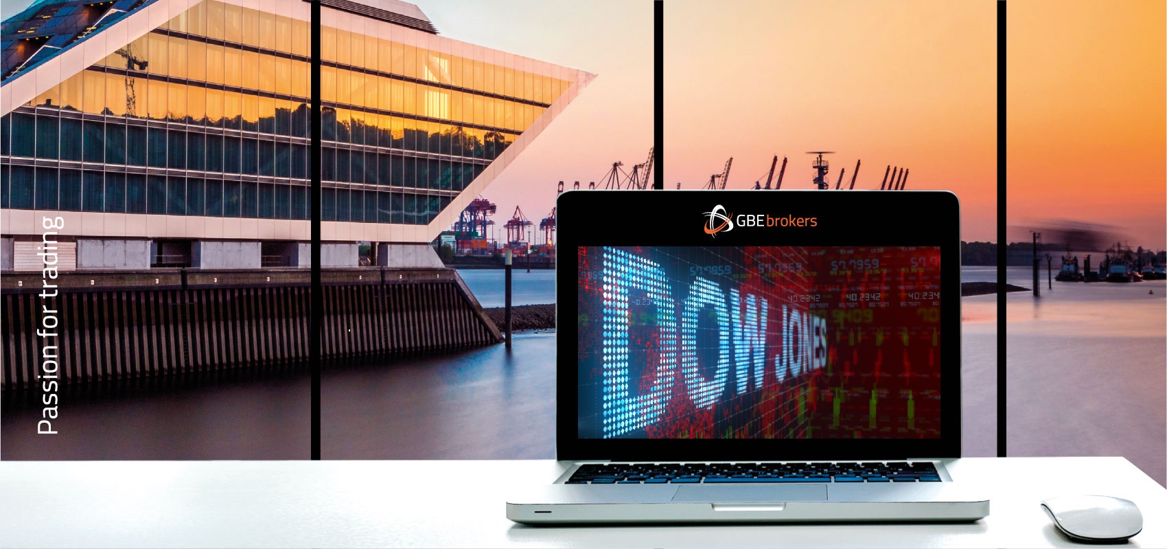 Dow Jones Laptop mit Hafen background